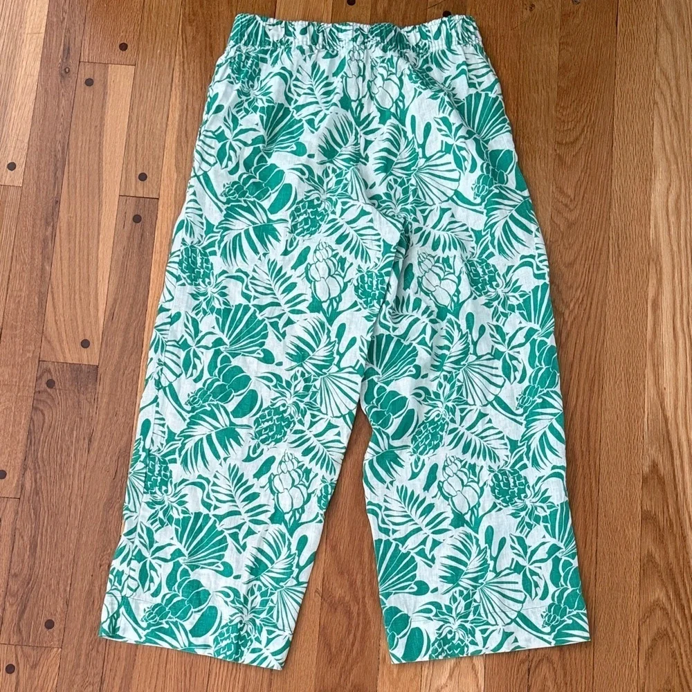 Nicole Miller 100% Linen Green Leaf Cropped Pants Pull On Elastic Waist Women S